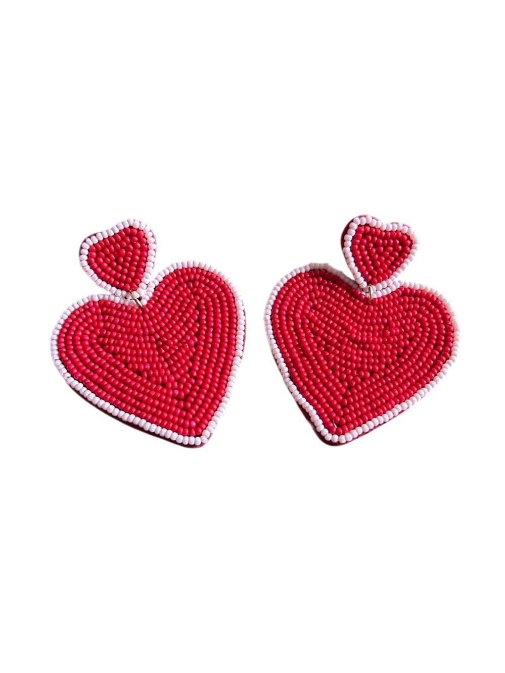 Red Heart Pierced Earrings Seed Rice Bead Valentine’s Day Lightweight